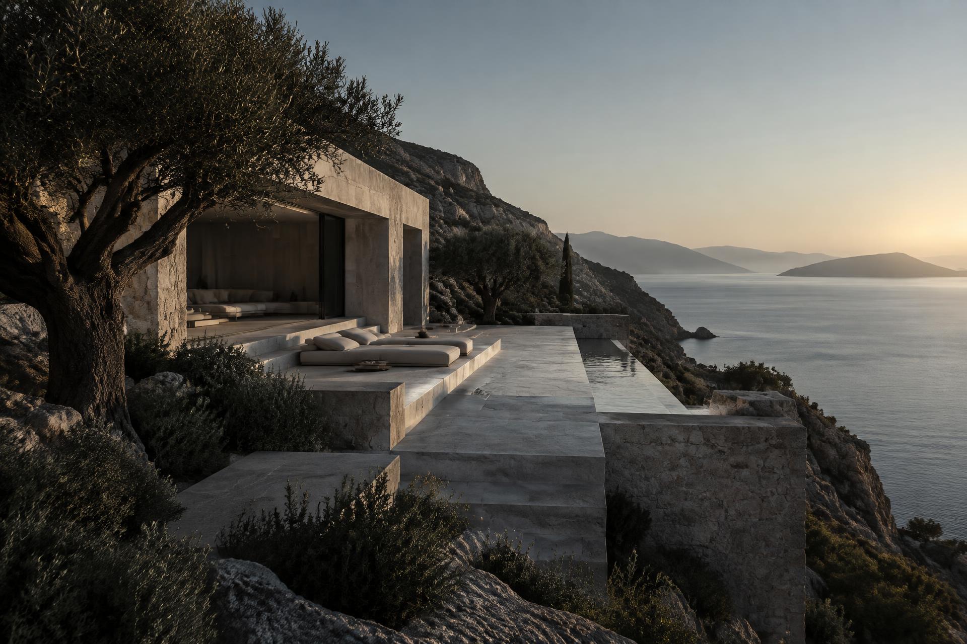 Mediterranean residence set into a coastal landscape at sunrise